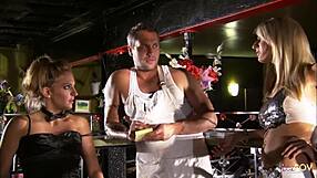 Blonde lesbians lick shaved pussies in lingerie!