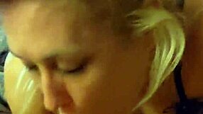 Blonde mature woman in lingerie enjoys oral and cum play