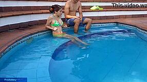Can you believe this innocent girl sucking stepbrother's dick by the pool?