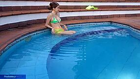 Can you believe this innocent girl sucking stepbrother's dick by the pool?