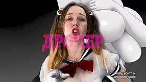 Young girl in sailor moon cosplay gives joi with lollipop