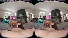 in this vr scene, a brunette with big tits teases closer using toys in stockings for masturbation