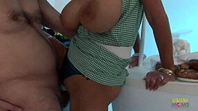 HEY, IN THE GROCERY STORE, TWO BLONDE MILFS START A FOURSOME BY TEASING A CUSTOMER WITH THEIR SHAVED BOOBS AND BIG TITS