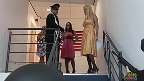 captive blonde and brunette milf agents team up against criminals in a tense group scenario