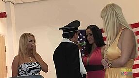 captive blonde and brunette milf agents team up against criminals in a tense group scenario