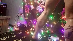 oiled muscular milf bodybuilder shows calves and legs