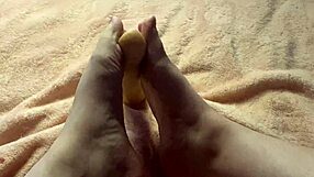 Hey, check out this slow, barefoot footjob from a cute amateur in her homemade setup 😍
