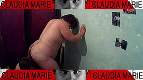 Licking fat curvy woman's pussy while fucking her against closet