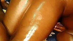 She moans as he fills her shaved pussy with a hot creampie after intense oral sex.