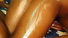 She moans as he fills her shaved pussy with a hot creampie after intense oral sex.