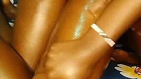 She moans as he fills her shaved pussy with a hot creampie after intense oral sex.