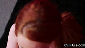 This foxy sex kitten gets a cumshot on her face while sucking up every drop.