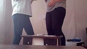 Who lost at cards performs cunnilingus in this lesbian illusion game.