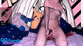 Cute girl SQUIRTS with TOYS in FISHNETS