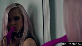 kinky handcuffed blonde teases herself with a vibrator in wild ecstasy