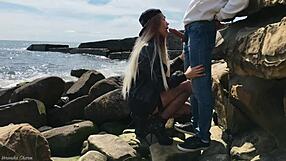 Risky outside fucking with cute blonde in stockings on beach!