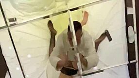 Asian boss fucks hot woman in lingerie with big tits and cock