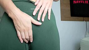 Blonde in leggings gets guided handjob after gym workout, teasing her sexy ass