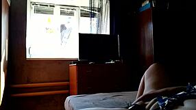 Milf masturbates with dildo for window cleaner