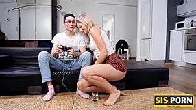 Nerdy boy tempted into blowjob and riding sex with blond stepsister