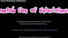 Джессика Морган борется с Шарлотт Эллисон в матче стрип-борьбы в лифчике и трусиках. Проигравшая получает унизительный подгузник.