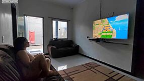 Teen Brunette Plays Videogame on Lap, Feels Erection