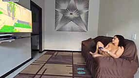 Teen Brunette Plays Videogame on Lap, Feels Erection