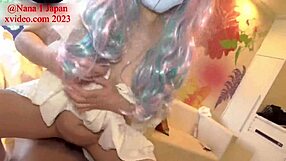 Nympho amateur rides face from cowgirl position while wearing a rainbow wig