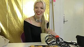 Bound in bondage, the submissive wears a ball gag harness, part 01 of the BDSM session.