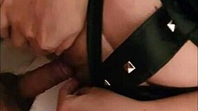 wife in leather dress gets cumshot inside