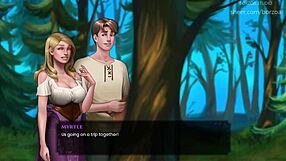 In the cave, wal asks if he can touch her big big titties while groping