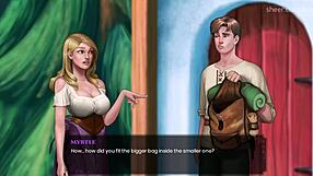 In the cave, wal asks if he can touch her big big titties while groping