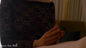 She moans in lingerie while teasing big cock with handjob