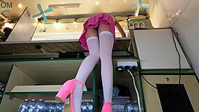 Pretty Brunette Teen Flashes Upskirt at Work Serving Customers