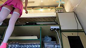 Pretty Brunette Teen Flashes Upskirt at Work Serving Customers