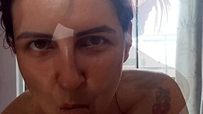 watching her clean in shorts without panties revealing big tits and monster cock