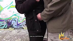 Blind date bends tattooed redhead with big tits behind building