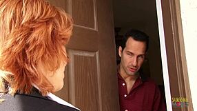 mature redhead gets tit cumshot while partner fucks wet pussy