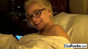 Elsa, look at my hotel room and this wet pussy I'm showing off, she says.