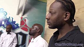 The skank sucks big black cocks in a group blowbang before getting bukkaked