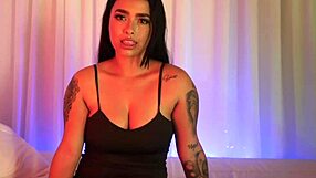 latin girl subtly teases dad's friend while relaxing alone.