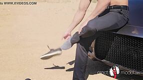 hey, watch this gay blonde striptease outdoors with ripped clothes