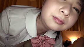 asian teen in uniform flashes panties and gives intense handjob in pov