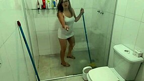 Hot naughty girl masturbates pussy during house cleaning