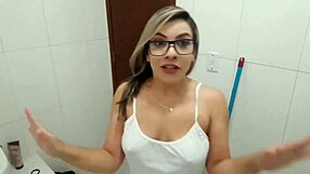 Hot naughty girl masturbates pussy during house cleaning