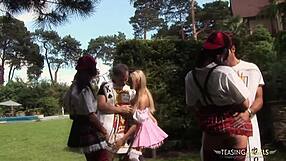 sexy blonde chick shares two cocks with brunette friend in outdoor group sex