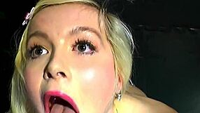 facialized slut swallows cum in hardcore blowbang, contrasting innocence with wild european bukkake