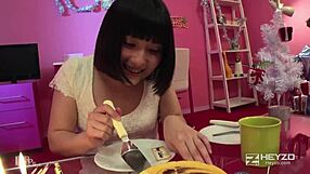 asian girl gives handjob and creampie