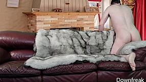 I'm humping this blue fox fur blanket on the leather sofa