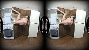 Solo girl sara bork masturbates shaved pussy in kitchen while caressing big tits